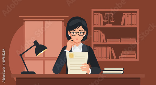 Thoughtful Attorney Reviewing Legal Documents In Her Office Illustration
