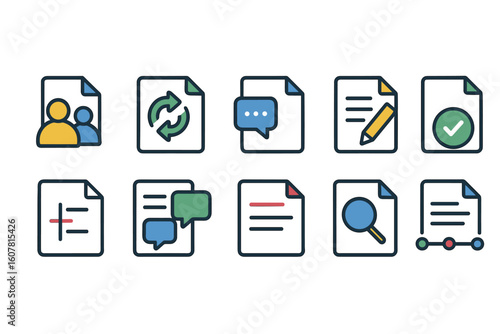Document Icons Set Featuring People, Sync, Edit, Search, and Timeline Themes