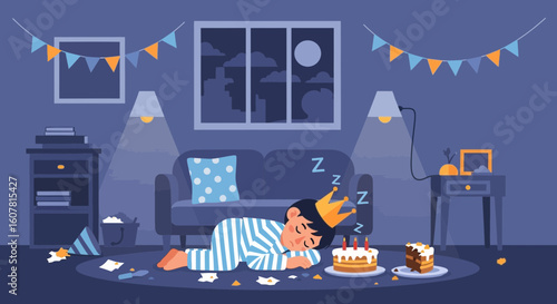Tired Prince Sleeping After Birthday Party With Messy Room Illustration