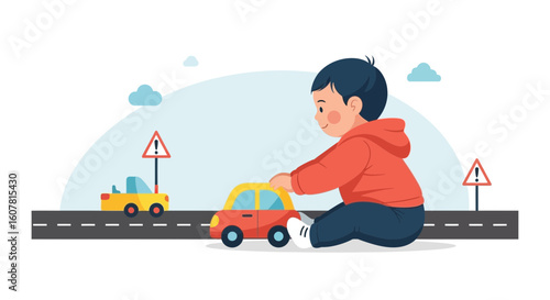 Toddler Boy Imagining Future Journeys Playing With Toy Cars On Road