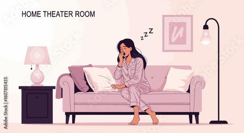 Tired Woman Yawning In Her Home, Wearing Pajamas And Sitting On A Couch