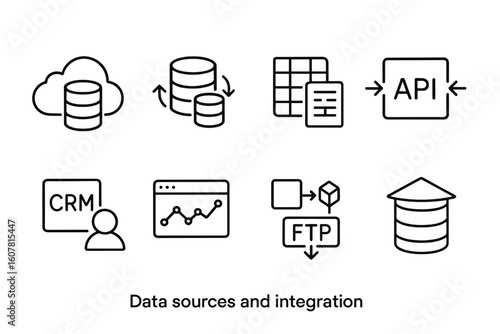 Data Sources and Integration Icon Set with Cloud, API, CRM, and Analytics Symbols