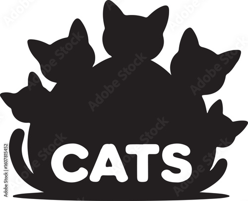 Silhouette design featuring multiple black cats grouped with the word cats in white