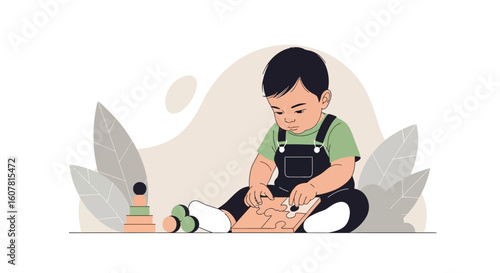 Toddler Concentrating On Putting Together A Wooden Jigsaw Puzzle Illustration