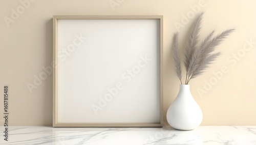 Stylish vertical frame mockup on a marble surface with pampas grass in a vase against a light beige wall, ideal for art or photography.