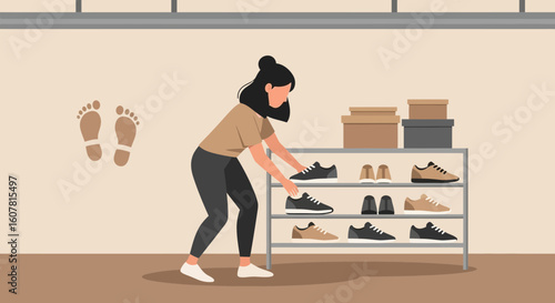 Woman Organizes Shoes In Rack, Footprints On Wall At Her Modern Home