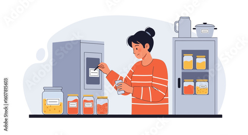 Woman Organizing Food Preserves In Jars At Home With Neat Pantry Setup