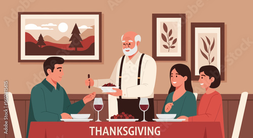 Traditional Thanksgiving Celebration With Family Enjoying Festive Meal Together