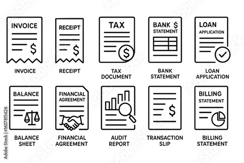 Ten Black and White Financial and Business Document Icons with Labels