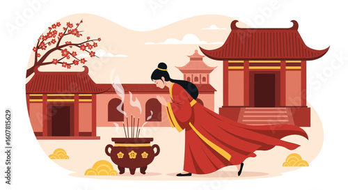 Traditional Chinese Praying Rituals With Woman And Temple Background