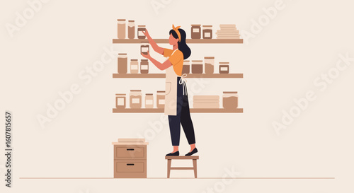 Woman Organizing Food Supply Jars In Kitchen Pantry On Shelves System