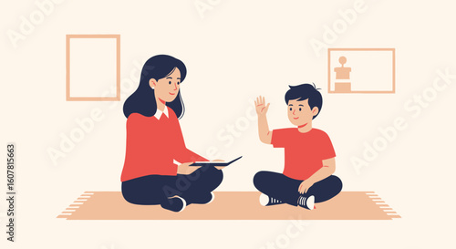 Tutor Reading With Boy Illustrating Home Education And Positive Learning Atmosphere