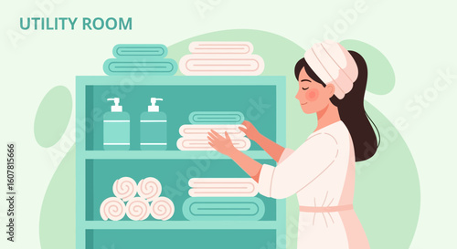 Woman Organizing Linens In Modern Utility Room With Hygiene Products