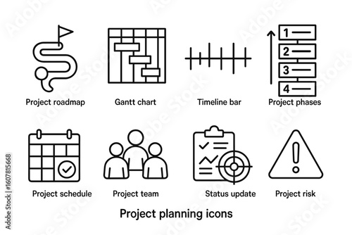 Set of Eight Project Planning Line Icons: Roadmap, Gantt Chart, Timeline, Phases, and More