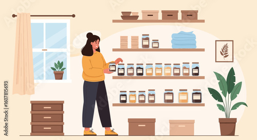 Woman Organizing Pantry Jars And Sustainable Food Storage Solutions At Home