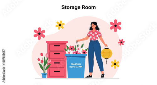 Woman Organizing Seasonal Decorations in Storage Room with Flowers and Lantern