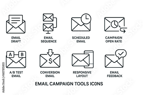 Set of Line Icons for Email Campaign Tools Including Drafts, Sequences, and A/B Testing