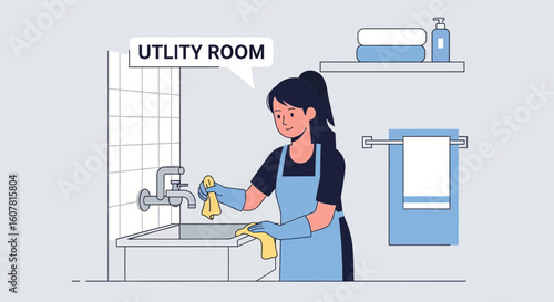 Utility Room Chores Involving A Woman In An Apron Cleaning With Cloths