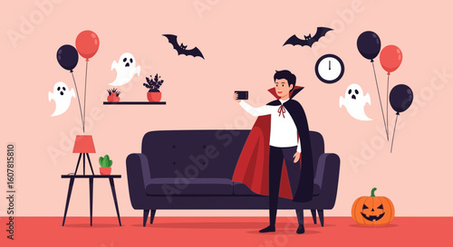 Vampire Taking Selfie During Halloween Celebration At Home For Social Media