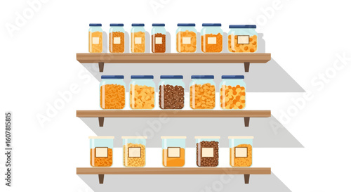 Variety Of Jars With Food On Wooden Shelves In Pantry Or Kitchen