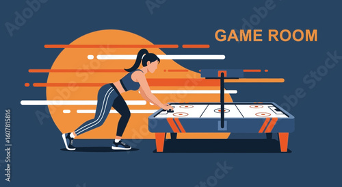 Woman Playing Air Hockey In A Game Room With Retro Design Elements