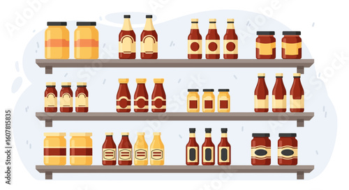 Variety Of Preserved Goods On Shelves Ideal For Kitchen Or Food Business