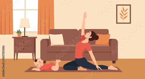 Woman Practicing Yoga With Her Baby At Home For Health And Relaxation