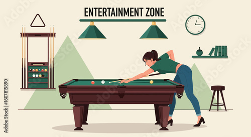 Woman Playing Pool In An Entertainment Room At Home Or In Bar