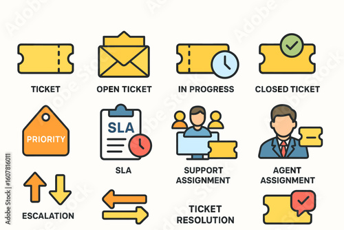 Colorful Icons Set Representing Ticketing and Customer Support System Stages