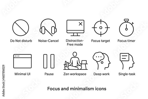 Minimalist Icons for Focus and Productivity with Do Not Disturb, Noise-Cancel, Zen Workspace