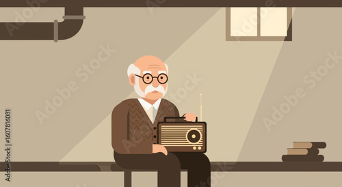Vintage Radio Listening: Elderly Man Reminiscing In Basement With Sunlight