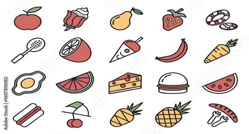 Vibrant Flat-Style Food and Drink Icons:  A Diverse Collection of Colorful Vector Graphics for Menu Design, Website, or App.