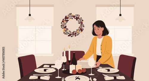 Woman Prepares A Table For A Festive Autumn Meal With Wreath On Wall