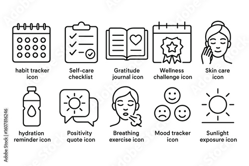 Set of 10 Line Art Icons for Wellness and Self-Care Routines