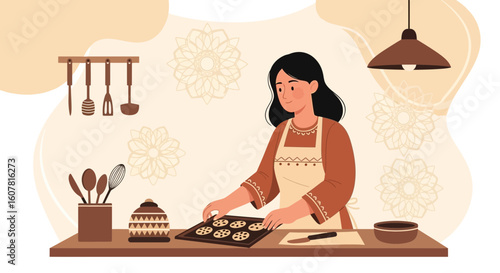 Woman Prepares Cookies in Kitchen with Utensils and Floral Background