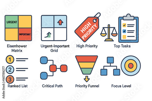 Task Prioritization Icons with Eisenhower Matrix, Ranked List, Critical Path, and More