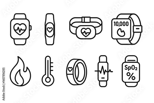 Wearable Health Technology and Fitness Tracking Icons with Smartwatches and Heart Rate Monitors