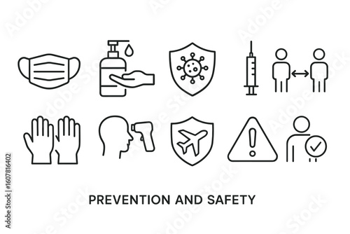 Prevention and Safety Icons: Mask, Sanitizer, Vaccine, Social Distancing and More