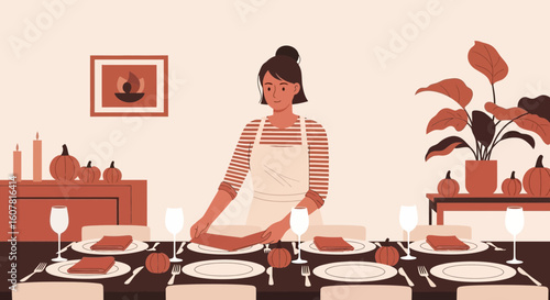 Woman Prepares Festive Thanksgiving Table Setting With Pumpkins And Warm Tone