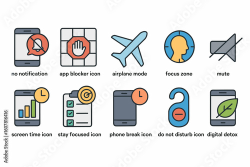 Mobile Device Mode Icons Including Airplane, Focus, and Digital Detox in Flat Design