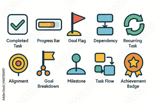 Project Management Icons Set Featuring Task, Progress, Goal, Dependency, and Achievement Concepts