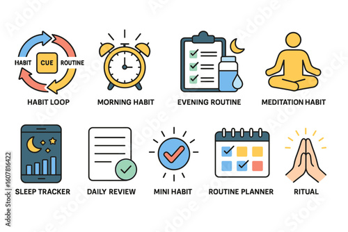Colorful Icons Collection Depicting Habits and Routines for Personal Improvement