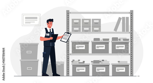 Warehouse Inventory Audit Man Checking Stock On Clipboard In Storage Room