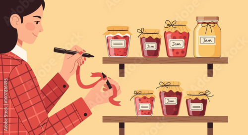 Woman Prepares Homemade Preserves for Selling On Shelves At A Local Farmers Market