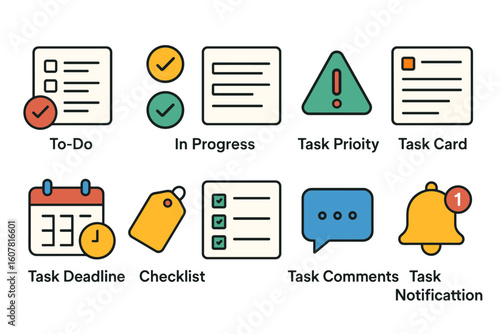Colorful Task Management Icons Set - Checklist, Priority, Comments, Notification