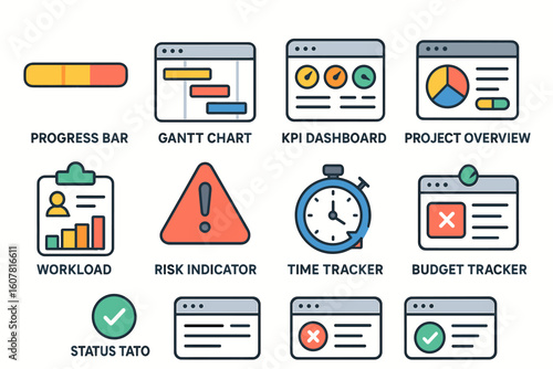 Colorful Flat-Style Project Management Icons Set, Including Gantt Chart and KPI Dashboard