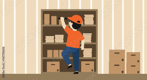 Warehouse Worker Inspecting Inventory With Flashlight On Shelving Unit