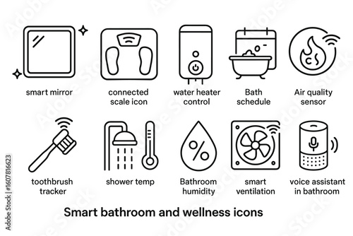 Set of 10 Line Icons for Smart Bathroom and Wellness Technology Concepts
