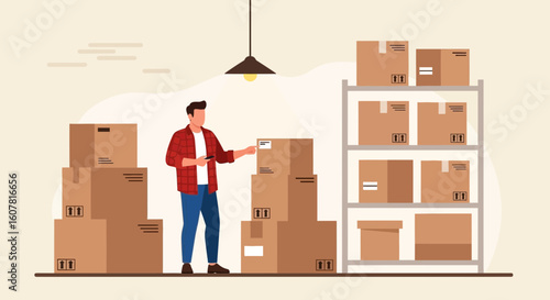 Warehouse Worker Inspecting Packages For Distribution And Organizing Deliveries