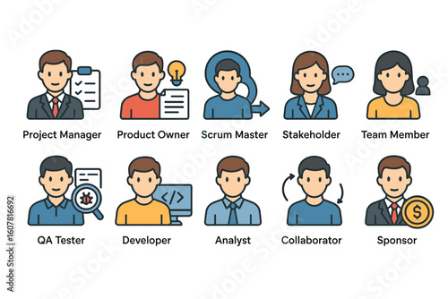 Cartoon Icons of Project Management Roles Including Developer, QA Tester, and Scrum Master